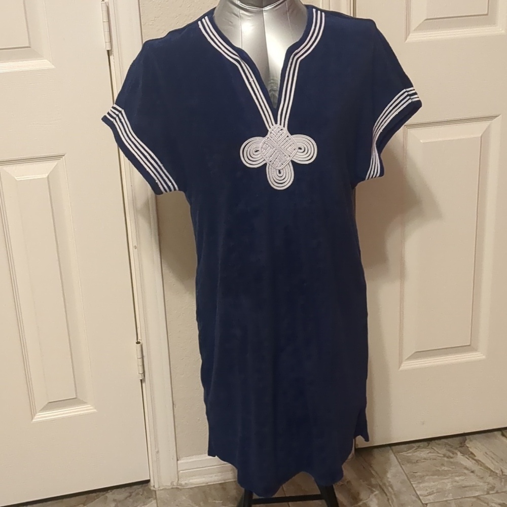 CABANA LIFE Navy/white Short Sleeve Terry Tunic NWT Size S Swim Cover Up